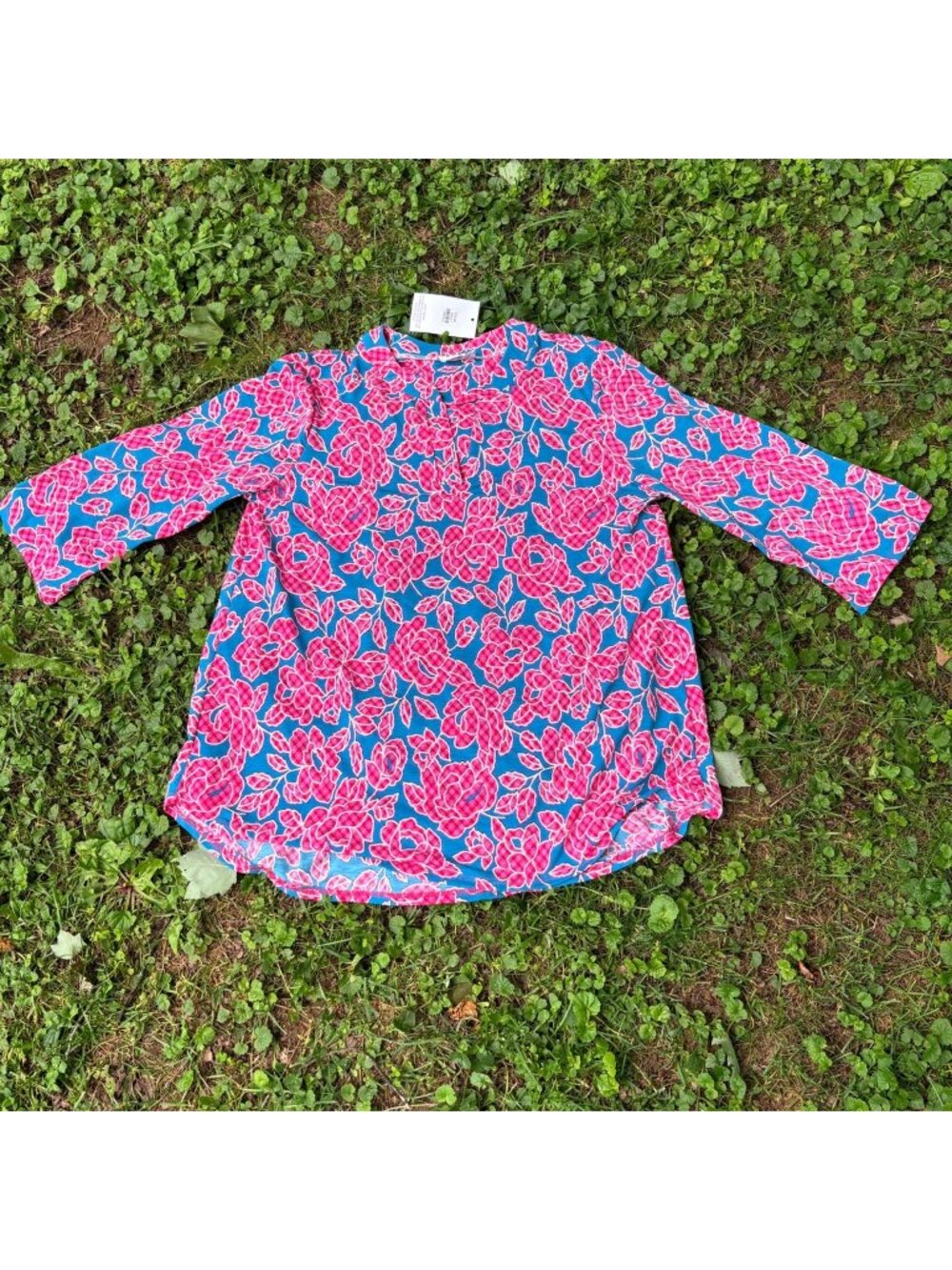 Bright Floral Tunic Top Womens Medium‎ Pink Blue Cottagecore Boho 3/4 Sleeve